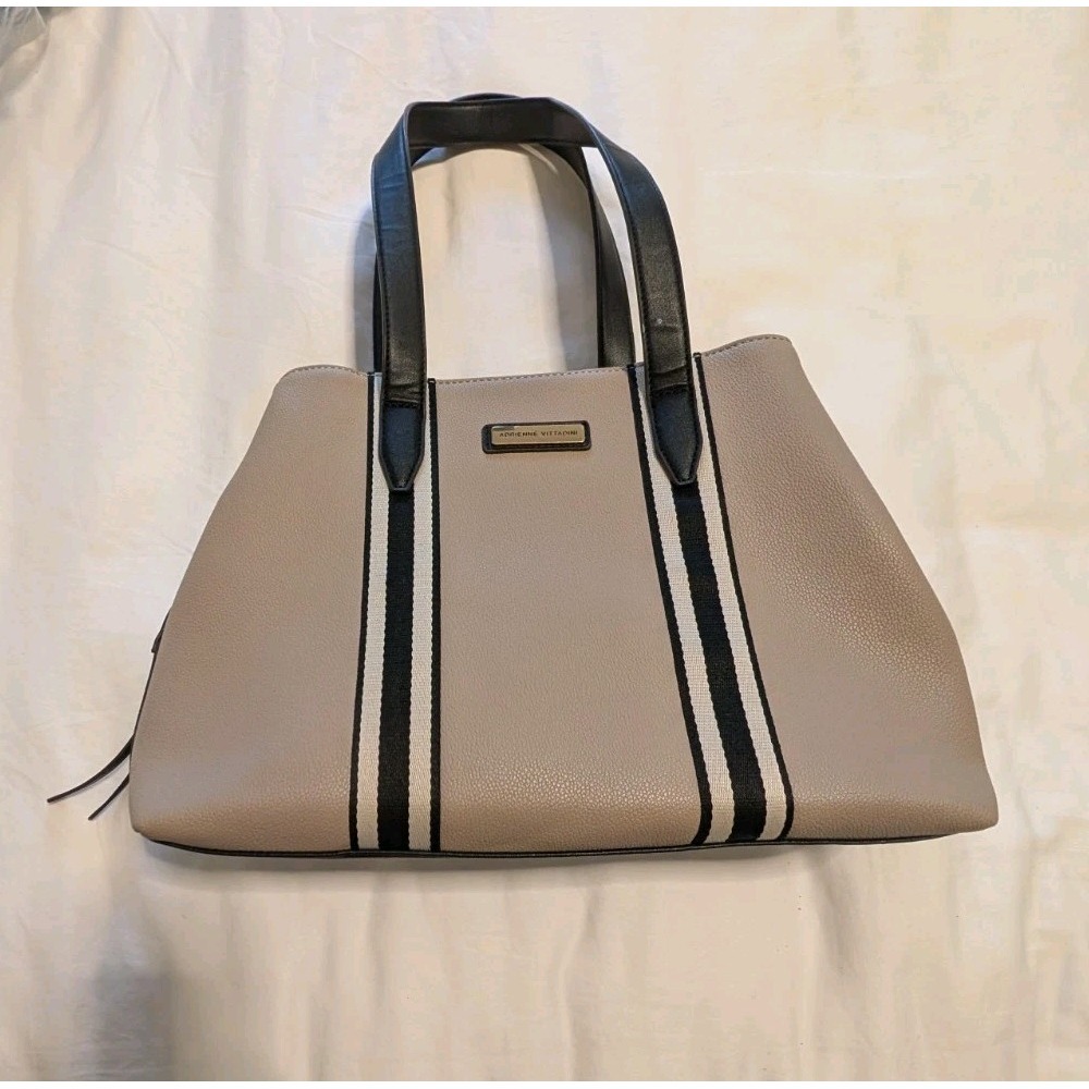 Adrienne Vittadini Taupe & Black Structured Tote Bag Work Office Travel Zip Top‎